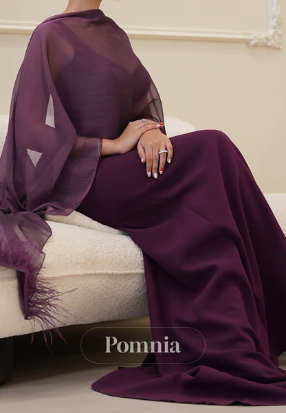 Grape Sheath Spaghetti Straps Square Slit Cape Evening Dress