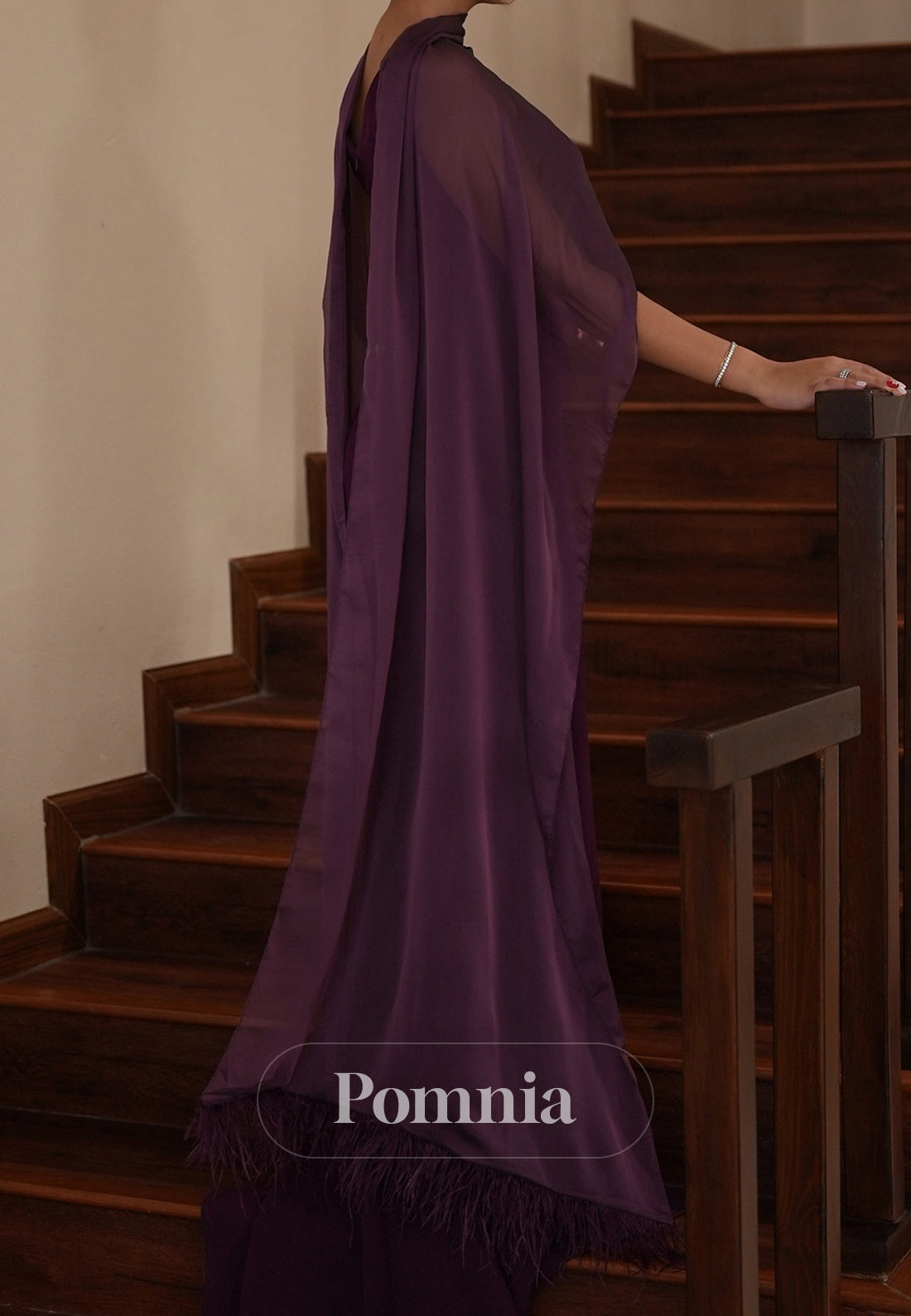 Grape Sheath Spaghetti Straps Square Slit Cape Evening Dress