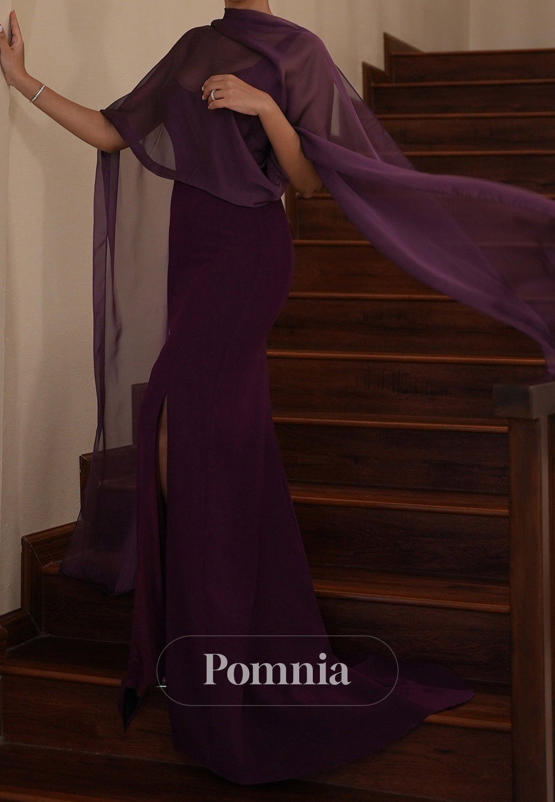 Grape Sheath Spaghetti Straps Square Slit Cape Evening Dress