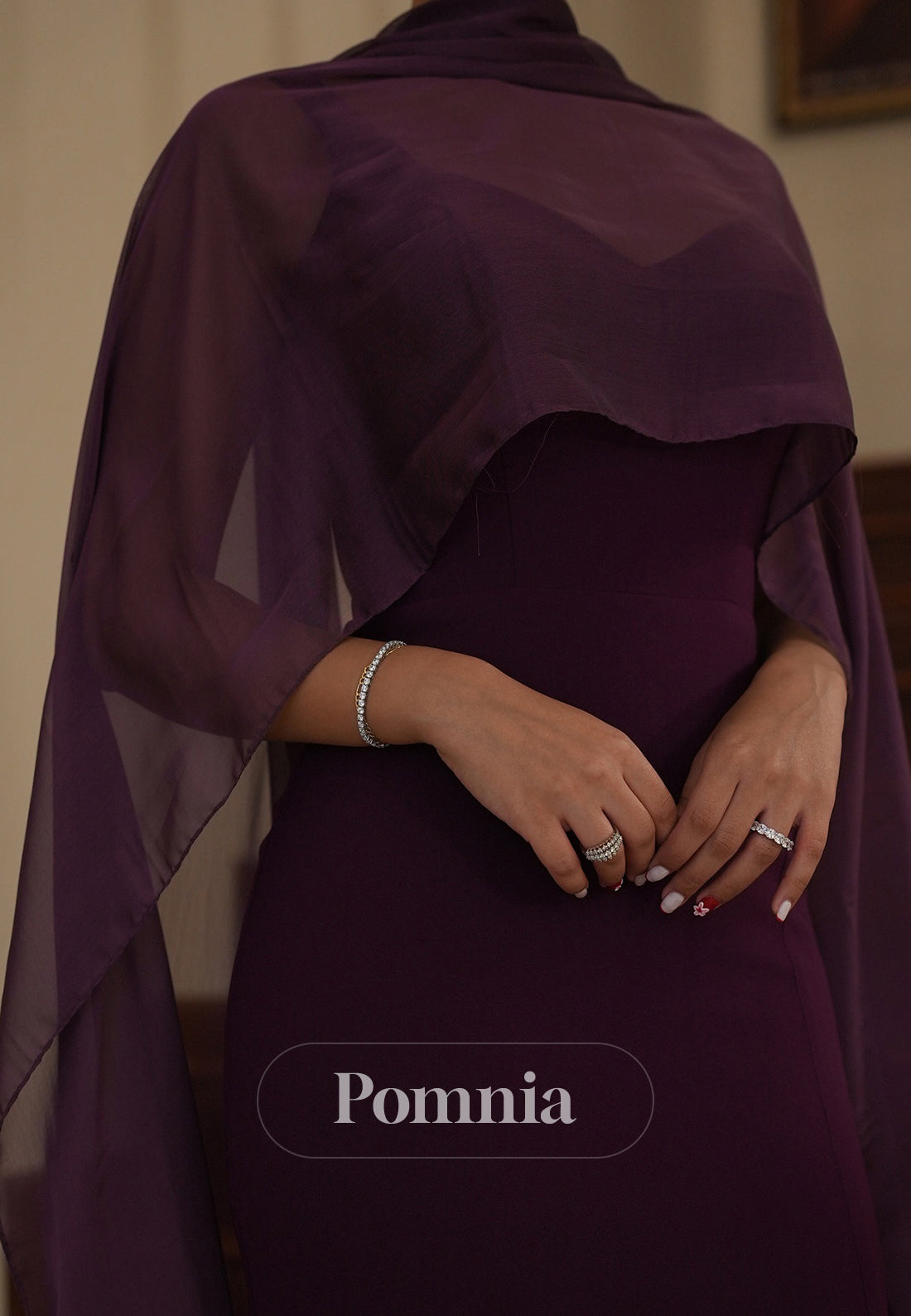 Grape Sheath Spaghetti Straps Square Slit Cape Evening Dress