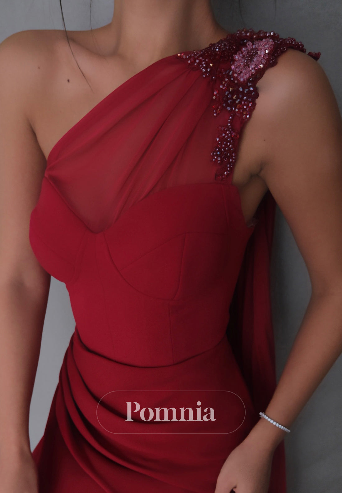 Red One Shoulder Sleeveless Ruched Floor-Length Mother of the Bride Dress
