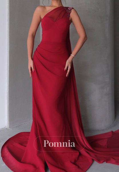 Red One Shoulder Sleeveless Ruched Floor-Length Mother of the Bride Dress