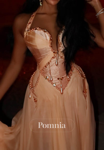 Rose Petal Halter Sleevelss A-Line Beads Prom Dress