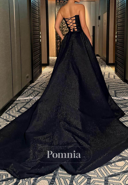 Black Sleeveless Strapless Sequins A-Line Prom Dress