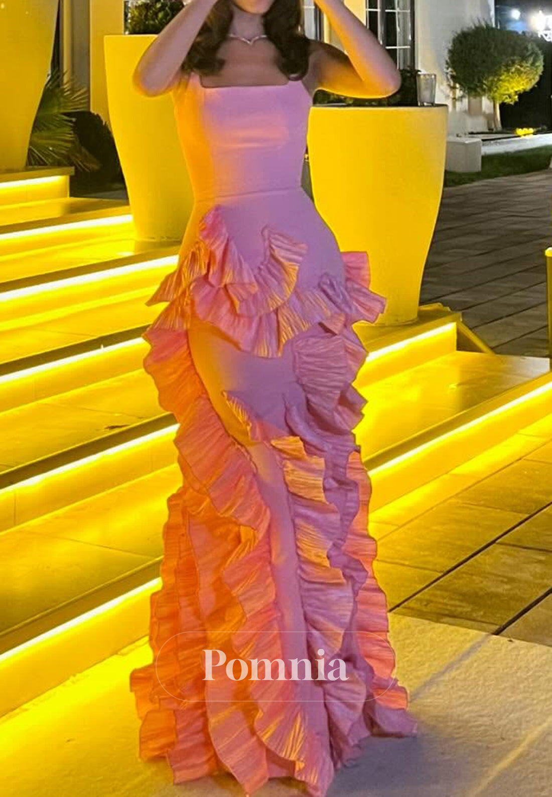 Spaghettti Straps Square Appliques A-Line Prom Dress