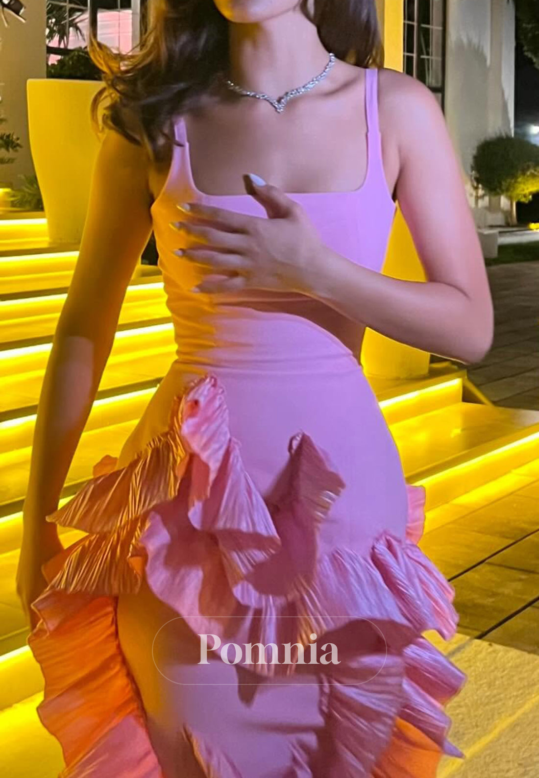 Spaghettti Straps Square Appliques A-Line Prom Dress