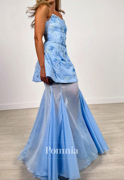 Sky Blue Sleeveless Strapless Pearls A-Line Prom Dress