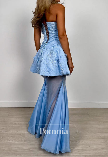 Sky Blue Sleeveless Strapless Pearls A-Line Prom Dress