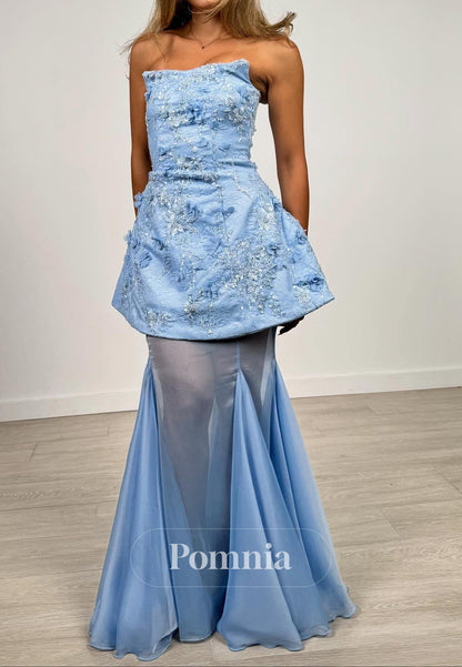 Sky Blue Sleeveless Strapless Pearls A-Line Prom Dress