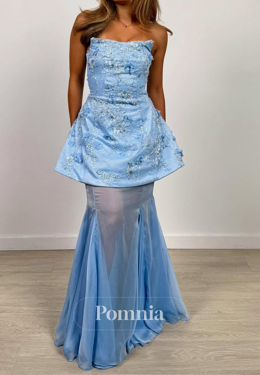 Sky Blue Sleeveless Strapless Pearls A-Line Prom Dress