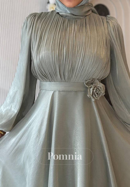 A-Line Long Sleeves High Neck Empire-Waist Evening Dress