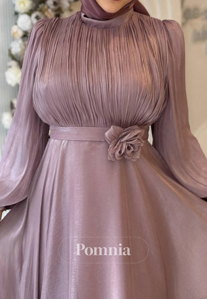 A-Line Long Sleeves High Neck Empire-Waist Evening Dress