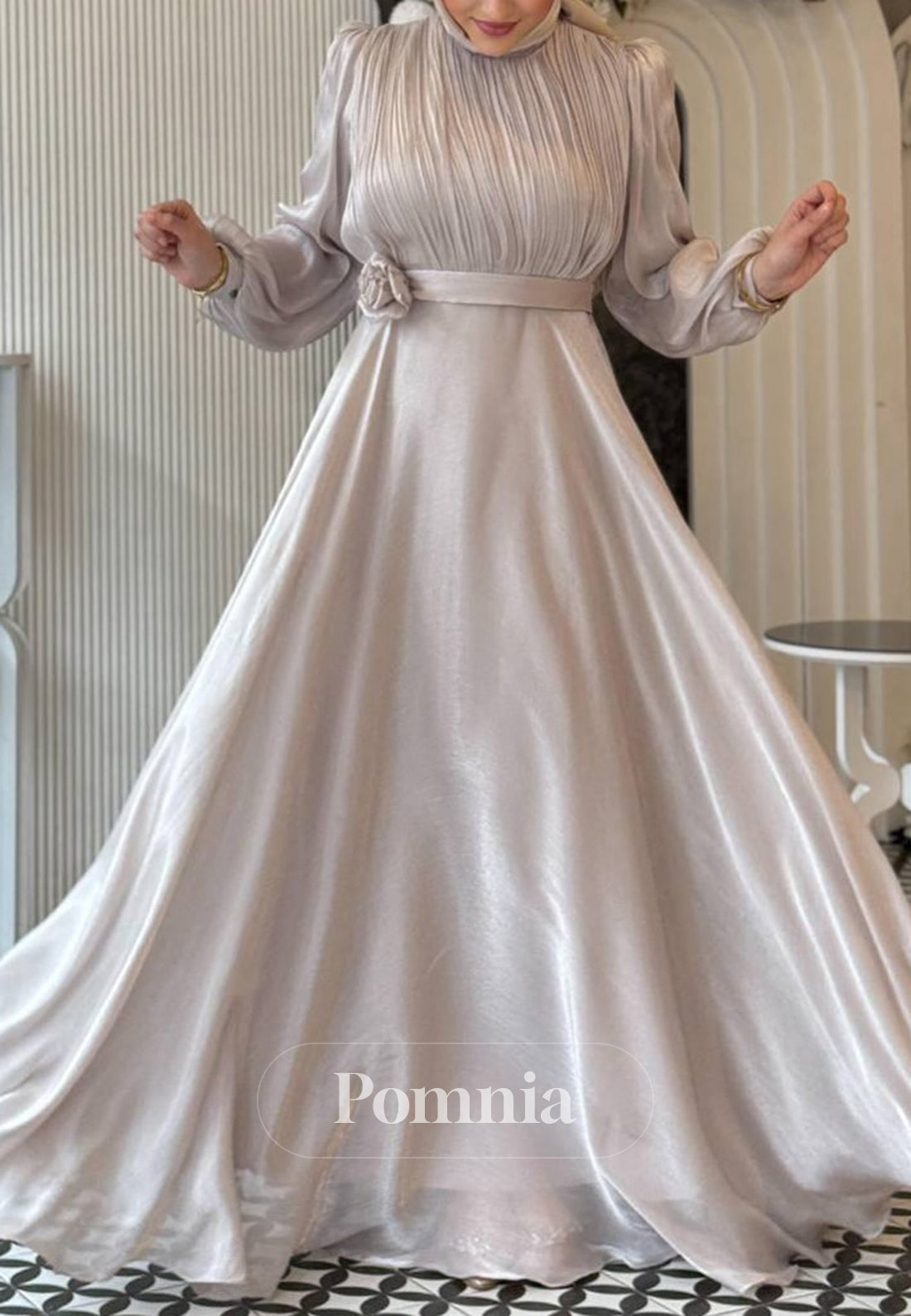 A-Line Long Sleeves High Neck Empire-Waist Evening Dress