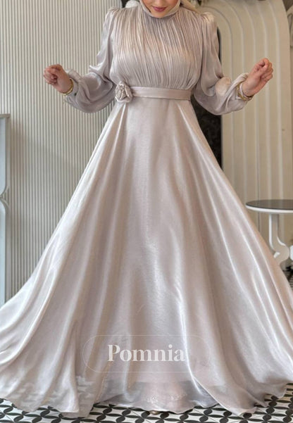 A-Line Long Sleeves High Neck Empire-Waist Evening Dress