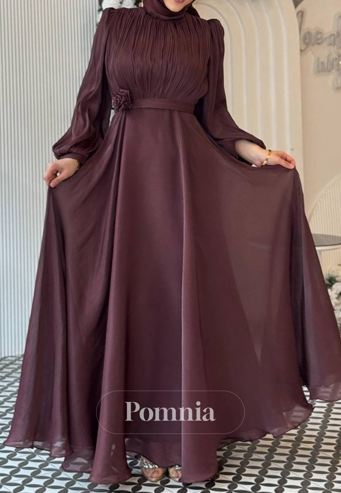 A-Line Long Sleeves High Neck Empire-Waist Evening Dress