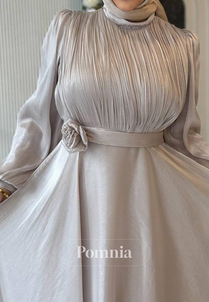 A-Line Long Sleeves High Neck Empire-Waist Evening Dress