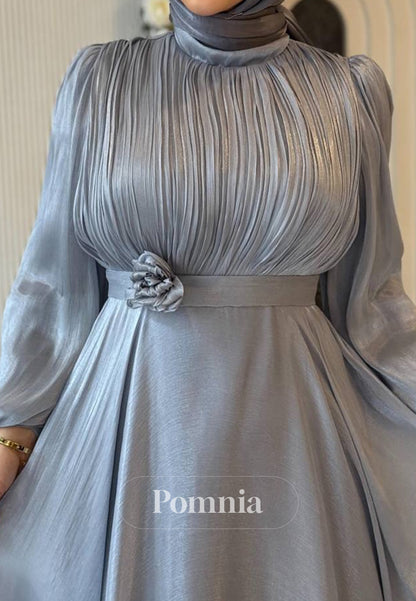 A-Line Long Sleeves High Neck Empire-Waist Evening Dress