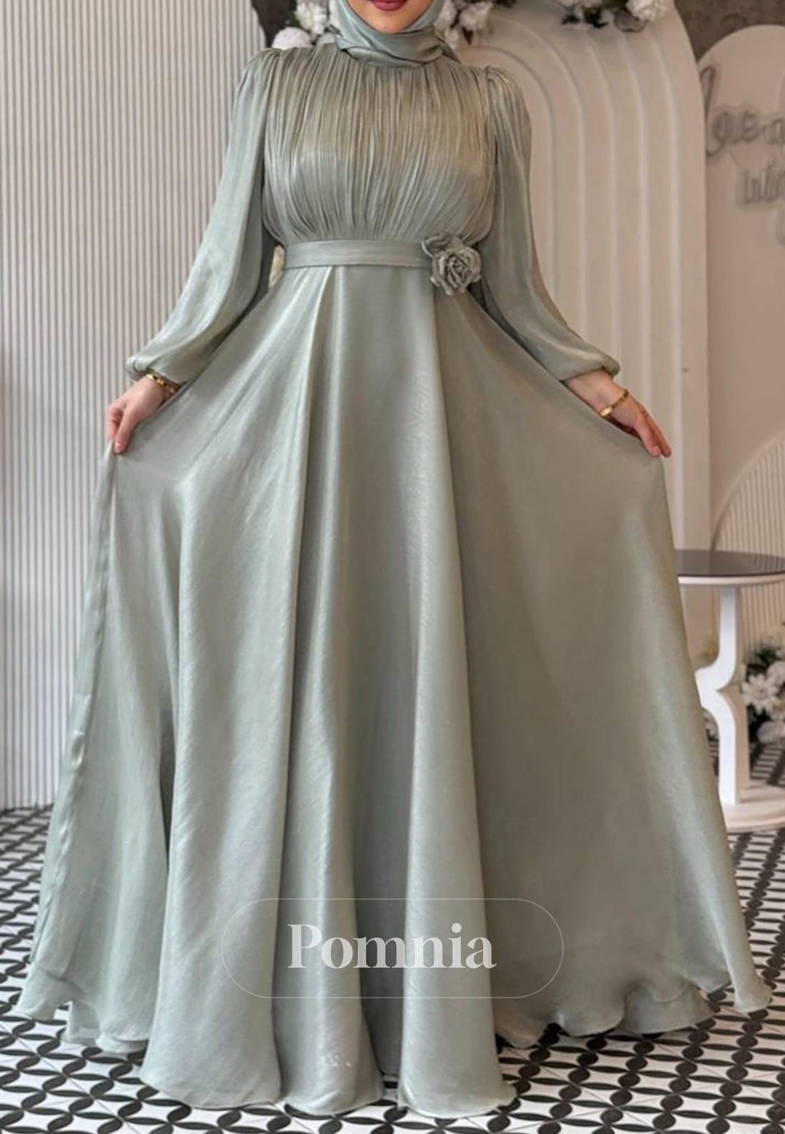 A-Line Long Sleeves High Neck Empire-Waist Evening Dress