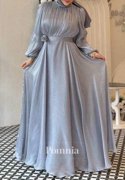 A-Line Long Sleeves High Neck Empire-Waist Evening Dress
