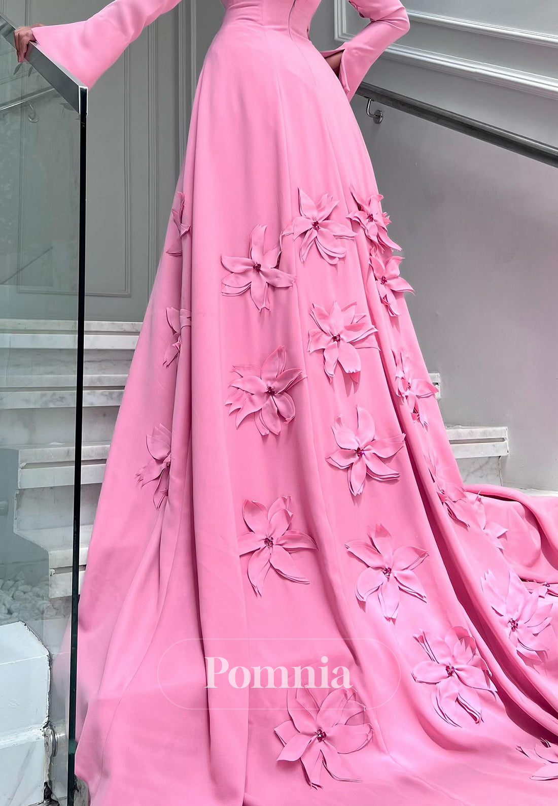 Blushing Pink Half Sleeves Off-Shoulder Floral Appliques  Prom Dress