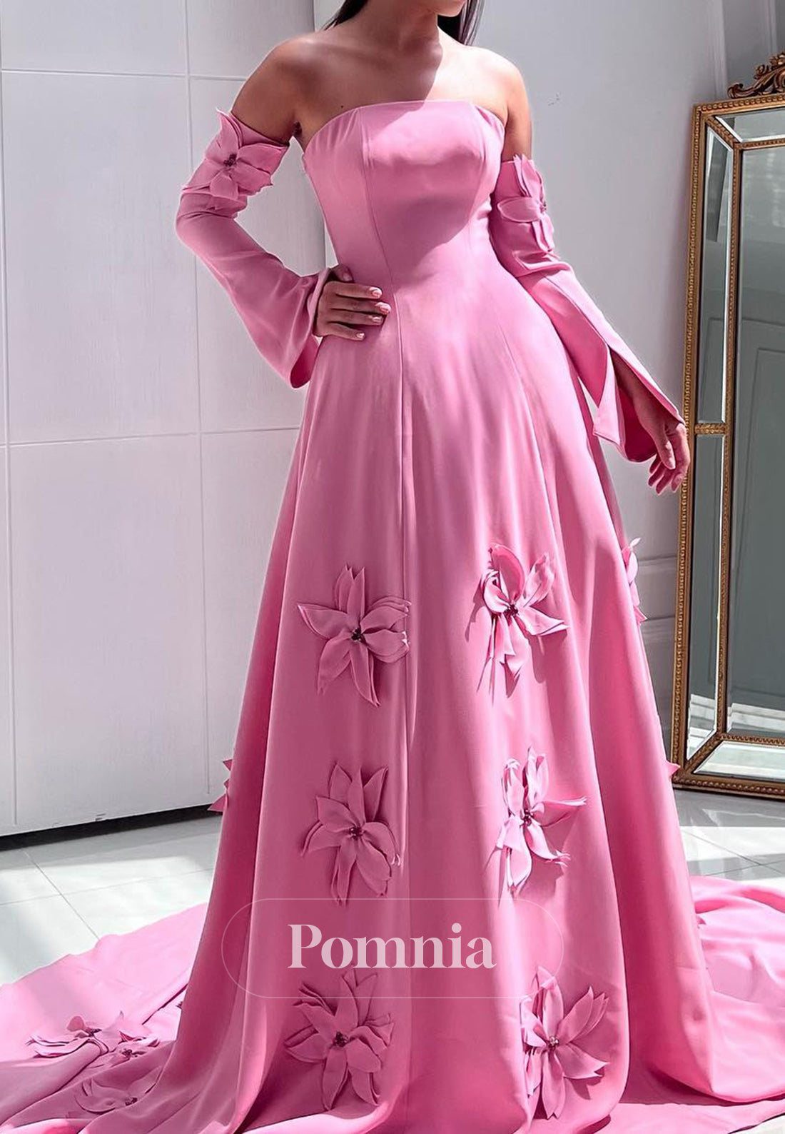 Blushing Pink Half Sleeves Off-Shoulder Floral Appliques  Prom Dress
