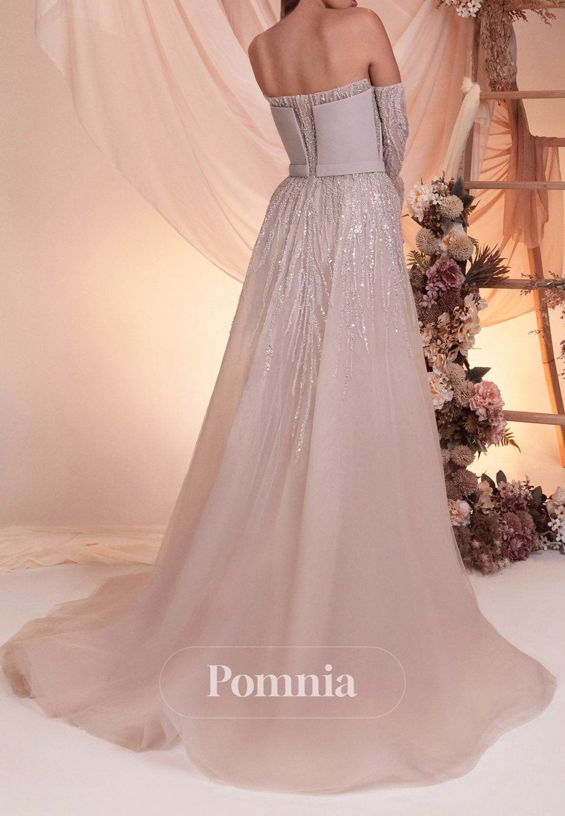 Blushing Pink Half Sleeves Off-Shoulder A-Line Evening Dress