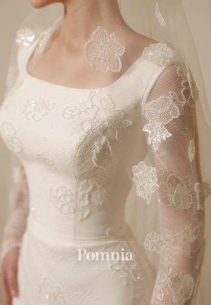 Charming Long Sleeves Square Floral Appliques  Mermaid Wedding Dress