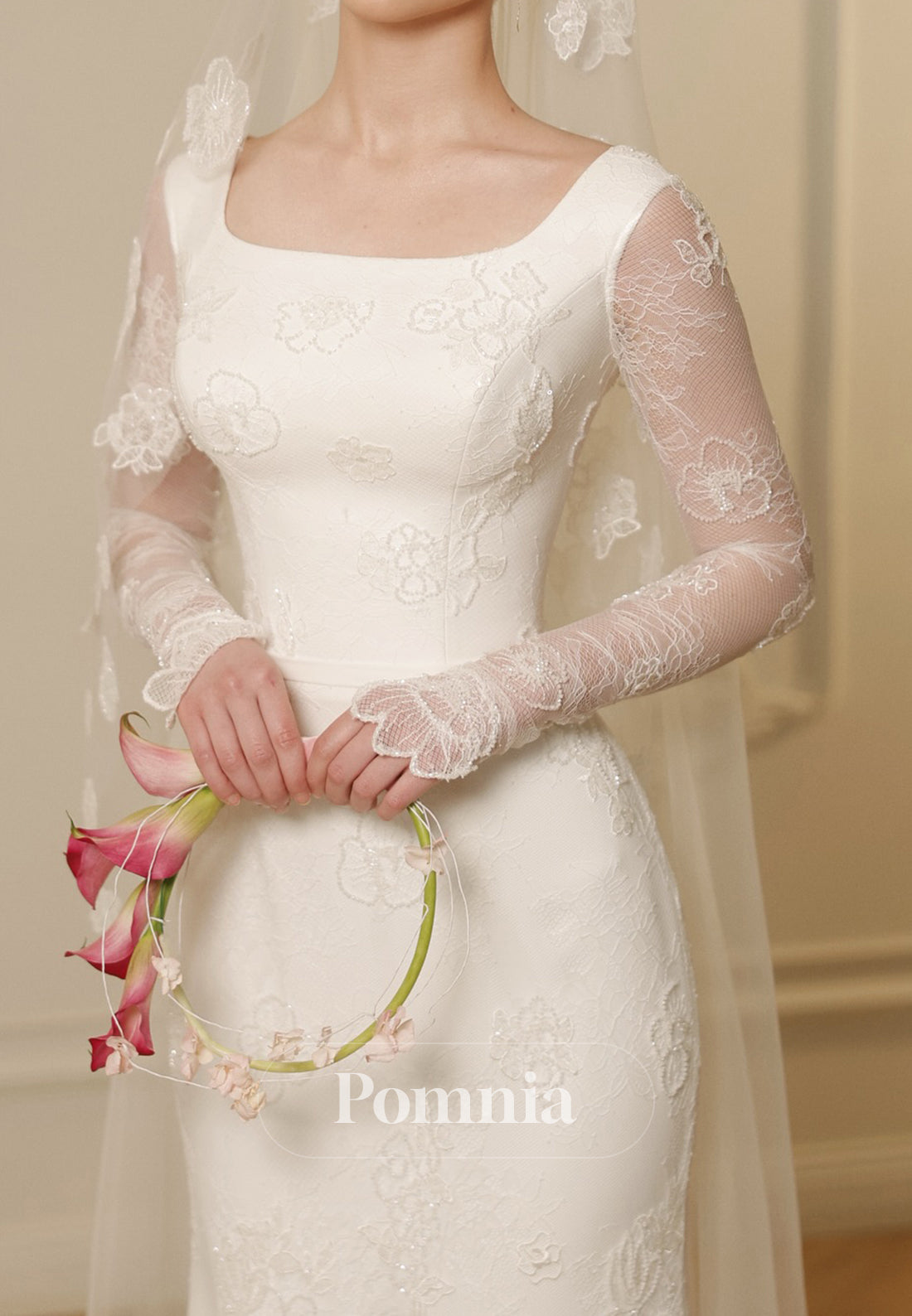 Charming Long Sleeves Square Floral Appliques  Mermaid Wedding Dress