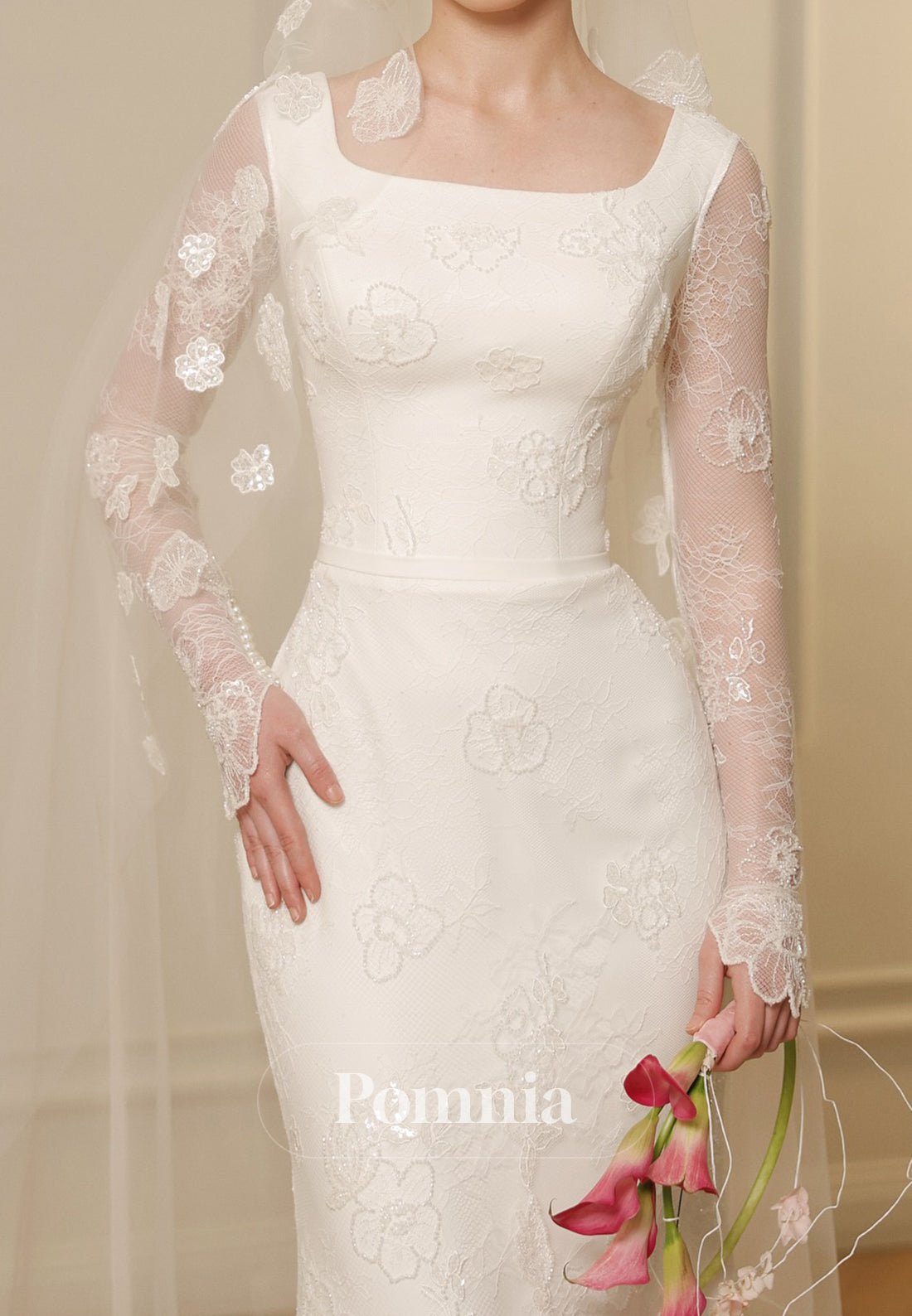 Charming Long Sleeves Square Floral Appliques  Mermaid Wedding Dress