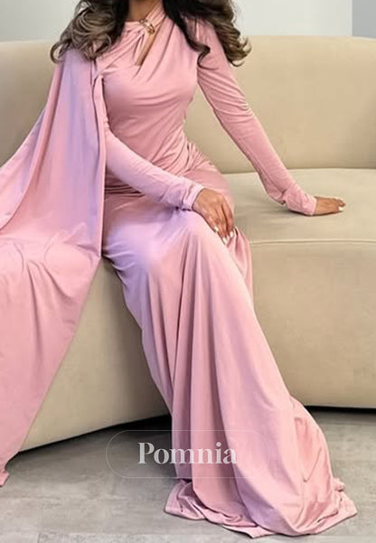 Blushing Pink Long Sleeves Scoop Ruched A-Line Evening Dress