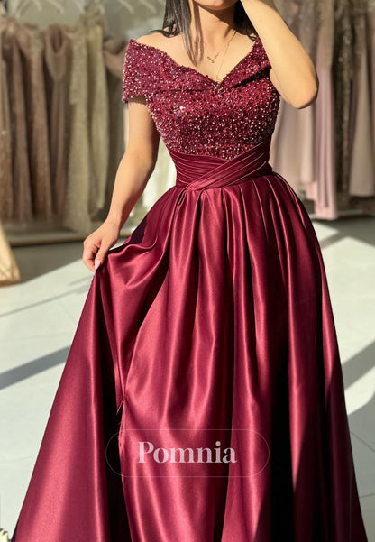 Burgundy A-Line Cap Sleeves Empire-Waist Sequins Evening Dress