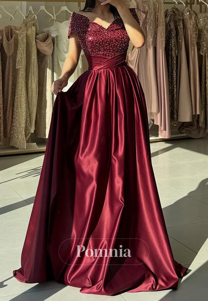 Burgundy A-Line Cap Sleeves Empire-Waist Sequins Evening Dress