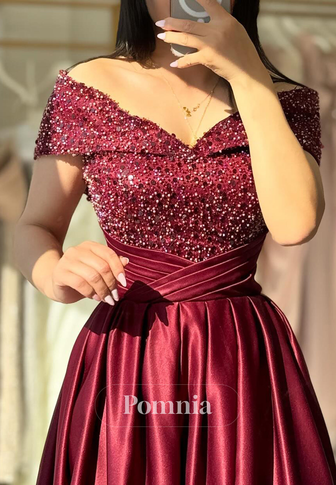 Burgundy A-Line Cap Sleeves Empire-Waist Sequins Evening Dress