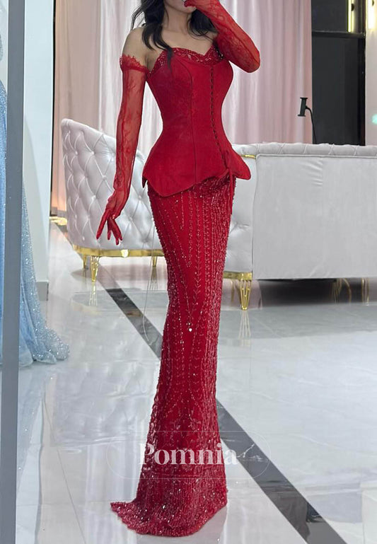 Red Off-Shoulder Sequins Sheath Prom Dress