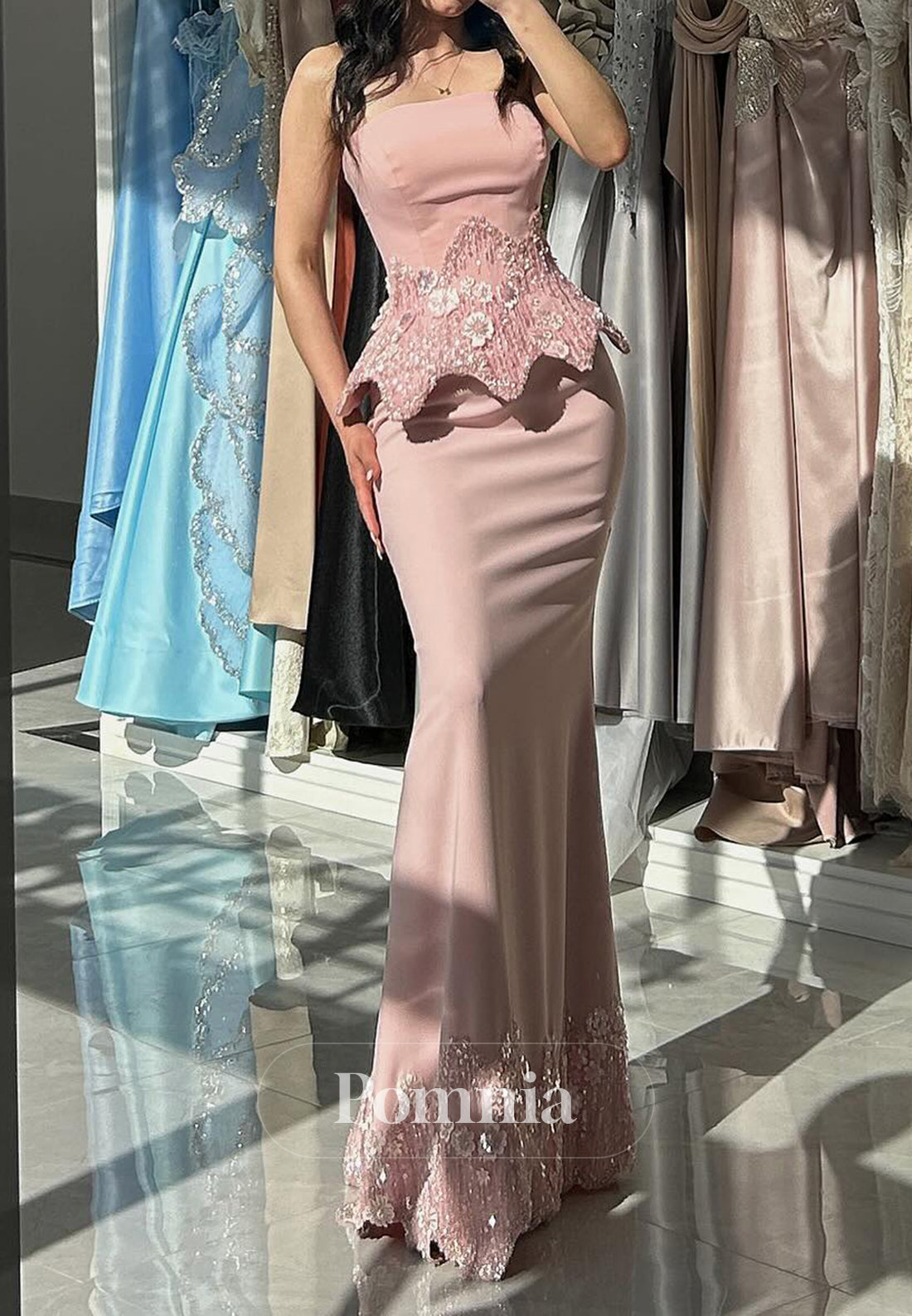 Blushing Pink Sleeveless Strapless Sequins Floor-Length Prom Dress